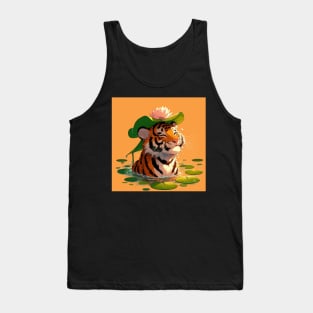 Kawaii Anime Tiger Bath With Water Lily Tank Top